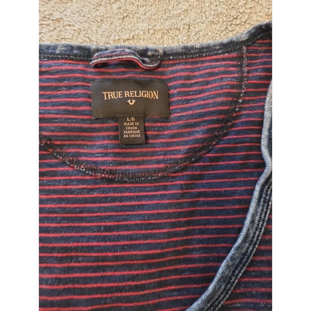 True Religion Red And Blue Striped Distressed Tank Mens Large Front Pocket - Picture 3 of 5
